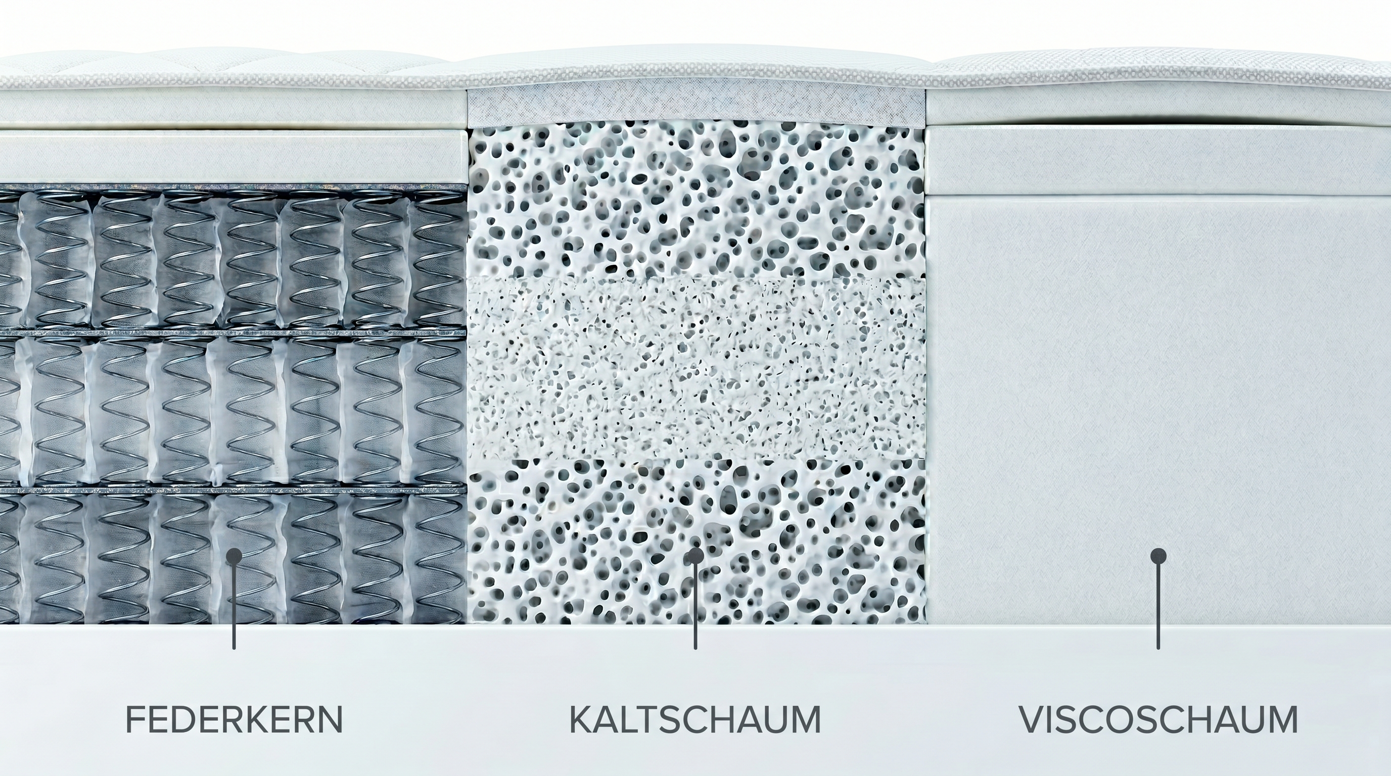 Federkern, Kaltschaum und Viscoschaum im Querschnitt — jedes Material trägt anders.