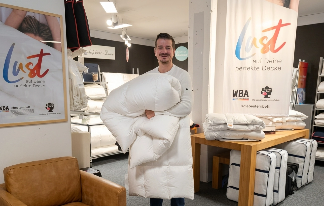 Verkäufer mit einer Daunendecke aus dem eigenen Atelier in Bietigheim-Bissingen