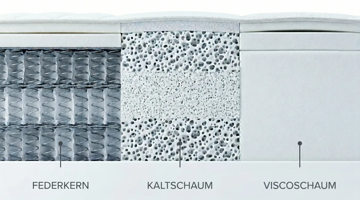 Federkern, Kaltschaum und Viscoschaum im Querschnitt — jedes Material trägt anders.