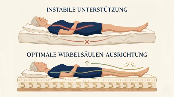 Eine durchgelegene Matratze lässt die Wirbelsäule durchhängen — die Muskulatur arbeitet die ganze Nacht gegen.