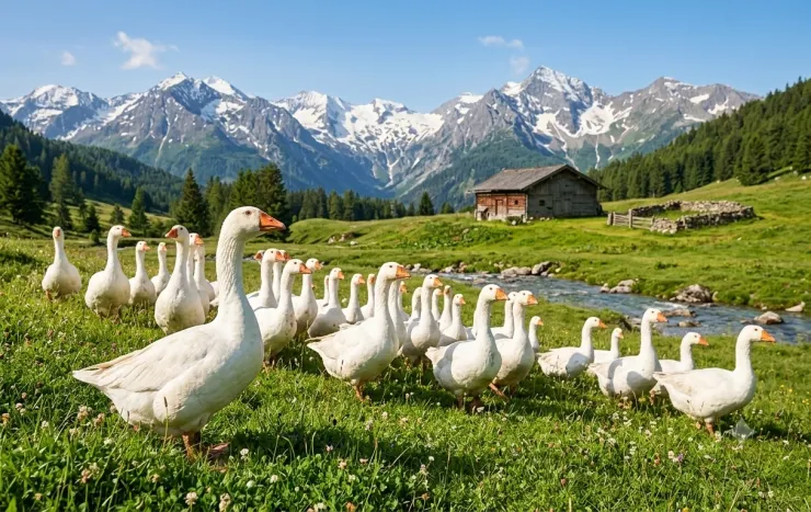 Grafik von freilaufenden weidegänsen auf einer Alm